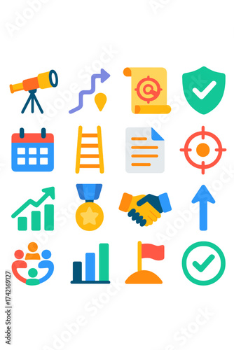 Mission Driven telescope vision, path arrow, mission scroll, ethical shield, calendar plan, ladder steps, document icon, focus target, growth arrow,