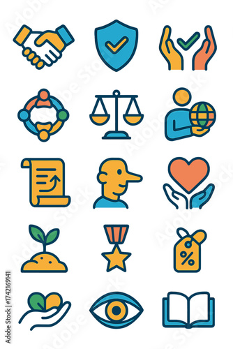 Core Values handshake trust, ethical shield, respect hands, verified check, teamwork circle, fairness scale, responsibility icon, diversity badge,