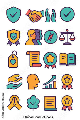 Ethical Conduct shield check, handshake trust, respect hands, verified icon, responsibility badge, diversity icon, ethical compass, fairness scale,