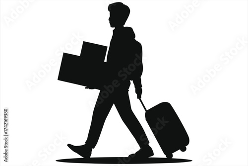 Silhouette of Student with Boxes & Luggage – Dorm Move-In, College/University Relocation, Freshman Campus Housing, Moving In Day, Student Life, University Move, Dormitory Arrival, Carrying Boxes