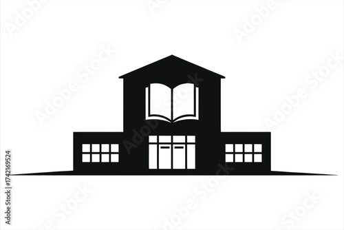 Library Building Silhouette with Open Book Icon – Educational Institution, School Library, Academic Architecture Black & White Vector Illustration for Education, Reading, Learning, Knowledge