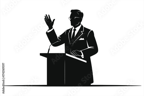 Silhouette of Professor Giving Lecture at Podium – Academic Speaker, University Teacher, Public Speaking, Education Presentation, Conference, Seminar, Black and White Vector Illustration.