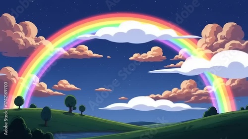 Vibrant Rainbow Arcing Over Rolling Green Hills.