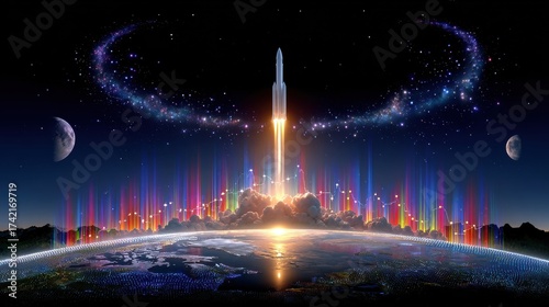 A majestic rocket launches into the night sky, leaving a trail of vibrant colors. The Earth shines below, while stars and moons surround the scene, creating a stunning view.