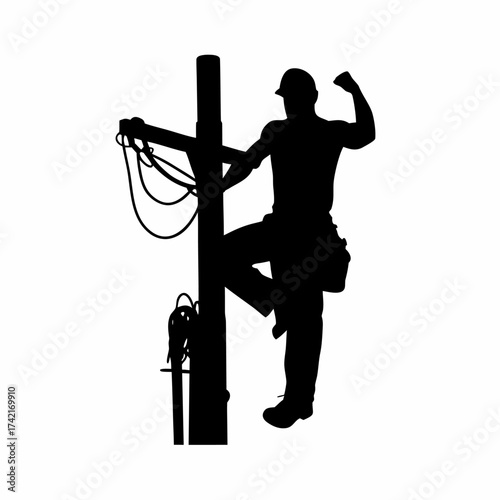 Silhouette of an electrician fixing a streetlight isolated on white background