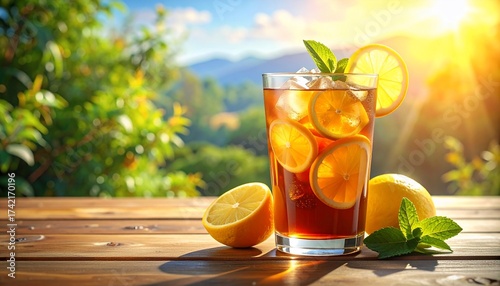 Refreshing iced tea with lemons and mint on a wooden table under the sun