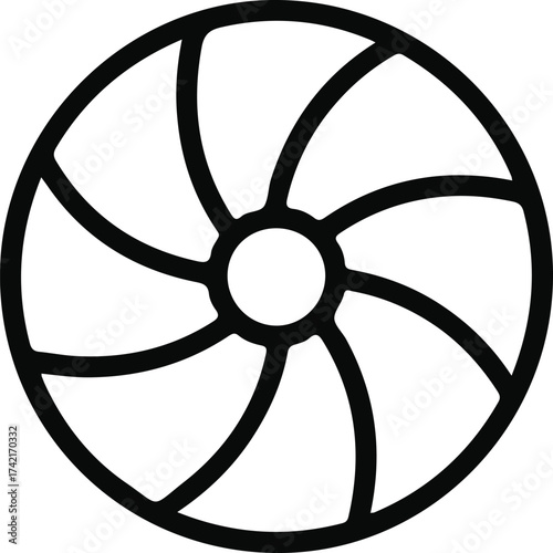 Black outline icon of beach ball symbol, Minimalist black line drawing of a beach ball icon, ideal for summer designs, travel illustrations, or recreational themed graphics.

