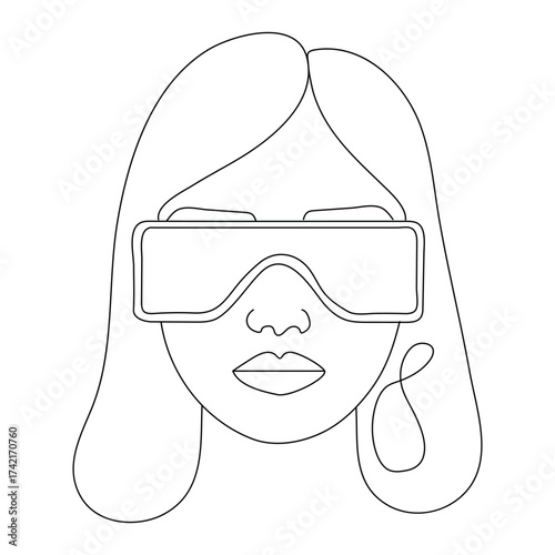Stylized outline drawing of a woman wearing virtual reality goggles on her head