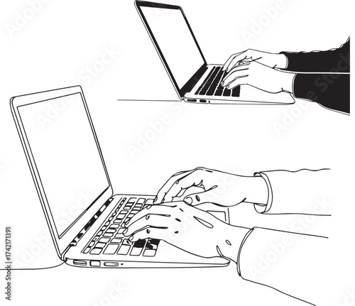 One line illustration of hands on a laptop keyboard, representing digital work, online communication, modern business, and technology lifestyle drawing.eps