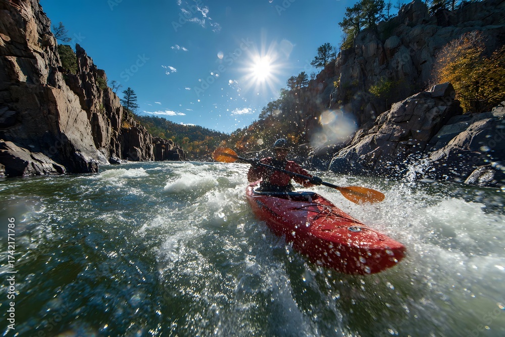 Fototapeta premium Kayaker dances river rapid’s whitewater like a brush on a foamy canvas.