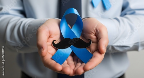 Hands holding black mustache and blue ribbon symbolizing Movember awareness campaign for men’s health, prostate cancer prevention and support