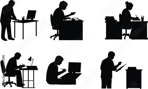 Office silhouette, study desk, reading book, writing notes, student learning, education concept, computer work, research study, academic posture, workplace activity