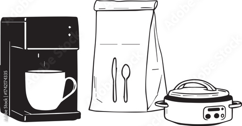 Black and white kitchen appliance illustration with coffee maker, takeout bag, and digital slow cooker vector