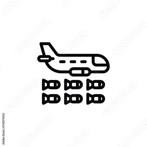 Airplane Dropping Black Bombs - Minimalist Icon Illustration