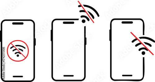  no wifi signal connection error smart phone icon. Disconnect wifi icon set. Lost wireless fidelity connection, no Wi-Fi connection sign symbol. No wifi forbidden sign.