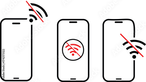  no wifi signal connection error smart phone icon. Disconnect wifi icon set. Lost wireless fidelity connection, no Wi-Fi connection sign symbol. No wifi forbidden sign.