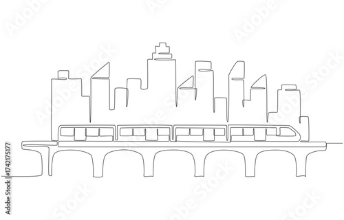 Continuous one line drawing of urban cityscape with modern train running on elevated railway bridge, symbolizing urbanization, progress, and public transportation, single line art.