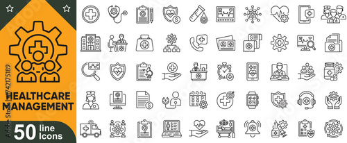 Healthcare management icons set. Medical line signs, hospital administration, patient care, insurance, and health service symbols. Vector illustration.