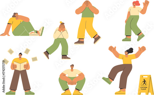 People expressing emotions, body language, stress, reading, slipping, falling, caution sign, safety awareness, human actions, illustration, character poses, emotional expression, accident prevention