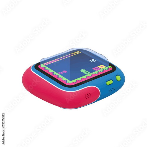 Colorful handheld gaming device with screen and buttons for playing games.
