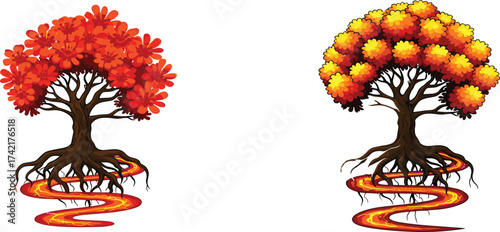 Beautiful autumn fantasy trees with fiery red and orange foliage, glowing roots and mystical lava-like stream, surreal nature artwork.