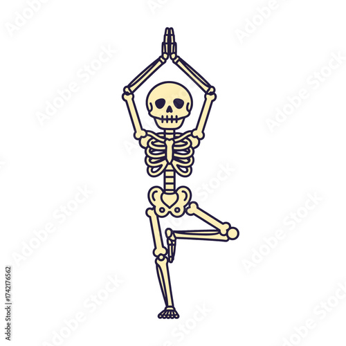 Skeleton in yoga pose, balancing on one leg, hands above head.