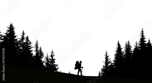 Vector art of silhouette of a hiker with a backpack and trekking poles walking on a hill with pine trees