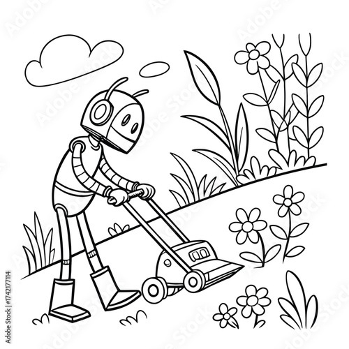 Cute robot mowing the lawn in a garden with flowers