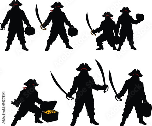 Pirate silhouettes with swords, treasure chest, gold coins, tricorn hats, sea adventure, nautical theme, pirate crew, maritime illustration, ocean exploration