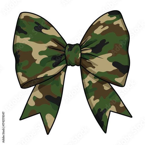 Army Camouflage Ribbon Bow – Green and Brown Camo Patterned Bow Clipart for Military and Outdoor Designs