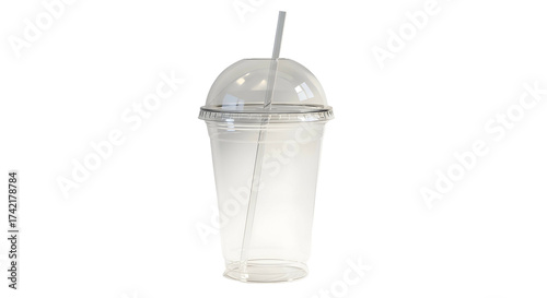 Clear plastic cup with dome lid and straw, isolated