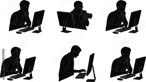 Black and white silhouette of person using computer and camera, creative digital media and photography concept