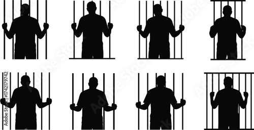 Prisoner silhouettes, people behind bars, jail confinement poses, incarceration concept, criminal justice illustration, restriction, loss of freedom