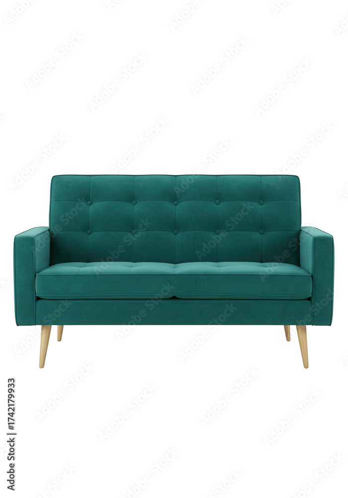 Fototapeta premium Modern teal sofa with wooden legs isolated on transparent background