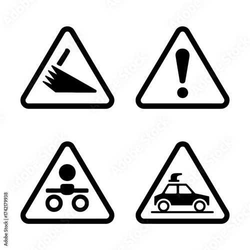 Various warning signs in black and white isolated on white background