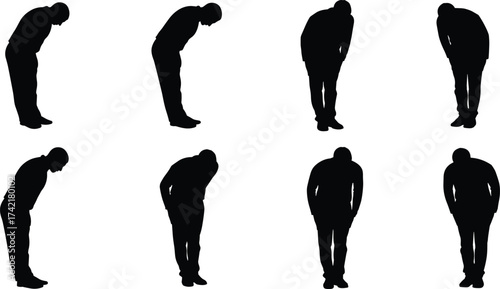Bowing silhouette, respect gesture, cultural tradition, greeting posture, apology pose, formal etiquette, humility, honor, polite expression, social ritual, ceremony