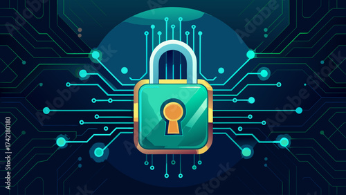 A green lock with a key on it is surrounded by a bunch of wires. The lock is the center of attention and the wires are the background. Concept of security and protection