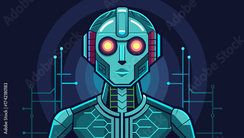 A robot with a blue face and red eyes. The robot is wearing a helmet and has a blue suit. The robot is surrounded by wires and circuits