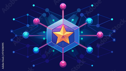 A star is surrounded by many small circles. The star is in the center of the image and the circles are scattered around it. The circles are of different sizes and colors, creating a sense of depth