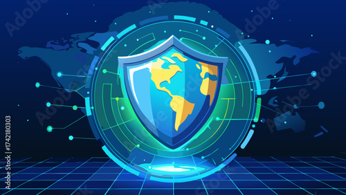 A blue shield with a globe on it. The shield is surrounded by a green border. The shield is meant to represent protection and security