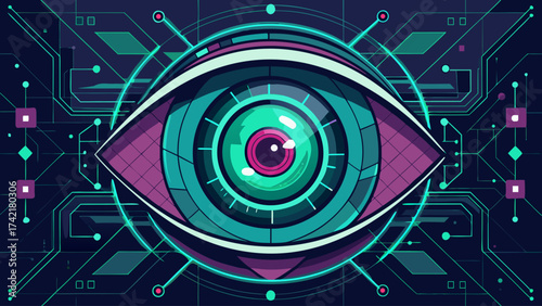 A colorful eye with a green pupil is surrounded by a blue and purple background. The eye is surrounded by a grid of squares and circles, giving it a futuristic and technological feel