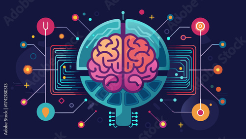 A colorful brain with many wires and circuits surrounding it. The brain is surrounded by a blue background