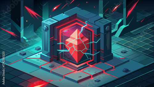 A red crystal is shown in a broken state, surrounded by rubble. The image has a dark and ominous mood, with the broken crystal and the rubble suggesting a sense of destruction and chaos