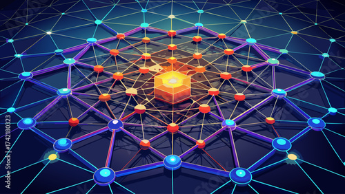 A colorful, abstract image of a network of nodes and a large cube in the center. The cube is surrounded by a web of lines and dots, creating a sense of interconnectedness and complexity