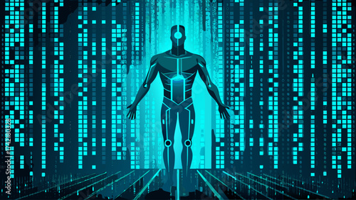 A man in a blue suit stands in a blue background with a blue and white grid pattern