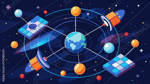 A colorful space scene with a planet in the center and satellites surrounding it. The satellites are of different sizes and colors, and they are all connected to the planet. The scene is vibrant