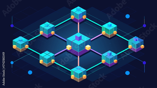 A blue and purple image of a network of cubes. The cubes are connected to each other in a grid pattern