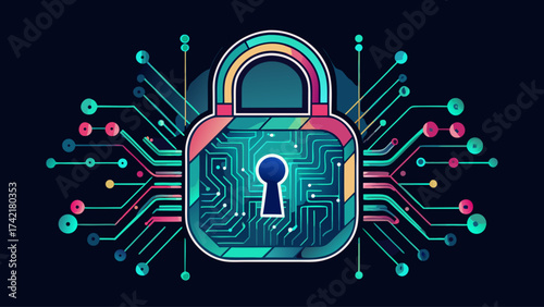 A colorful lock with a keyhole is surrounded by a network of wires. The lock is the main focus of the image, and the wires represent the complex and intricate nature of the technology it protects