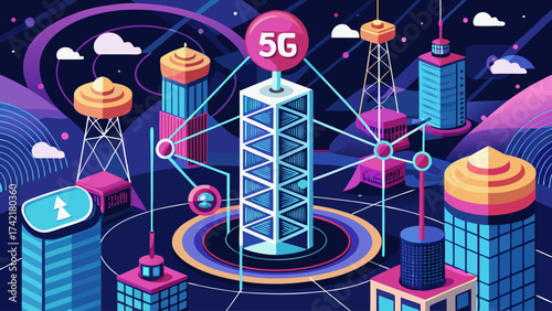 A cityscape with a 5G tower in the middle. The buildings are tall and colorful. The sky is filled with clouds