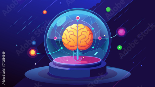 A brain is inside a glass dome with a colorful background. The brain is surrounded by a web of lines and dots, giving the impression of a complex network of neurons. Scene is one of curiosity
